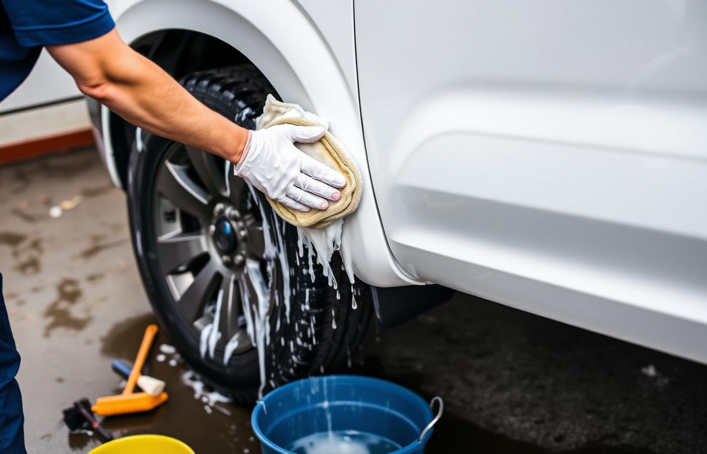 Two-bucket hand wash in progress on a dark sedan in a residential driveway