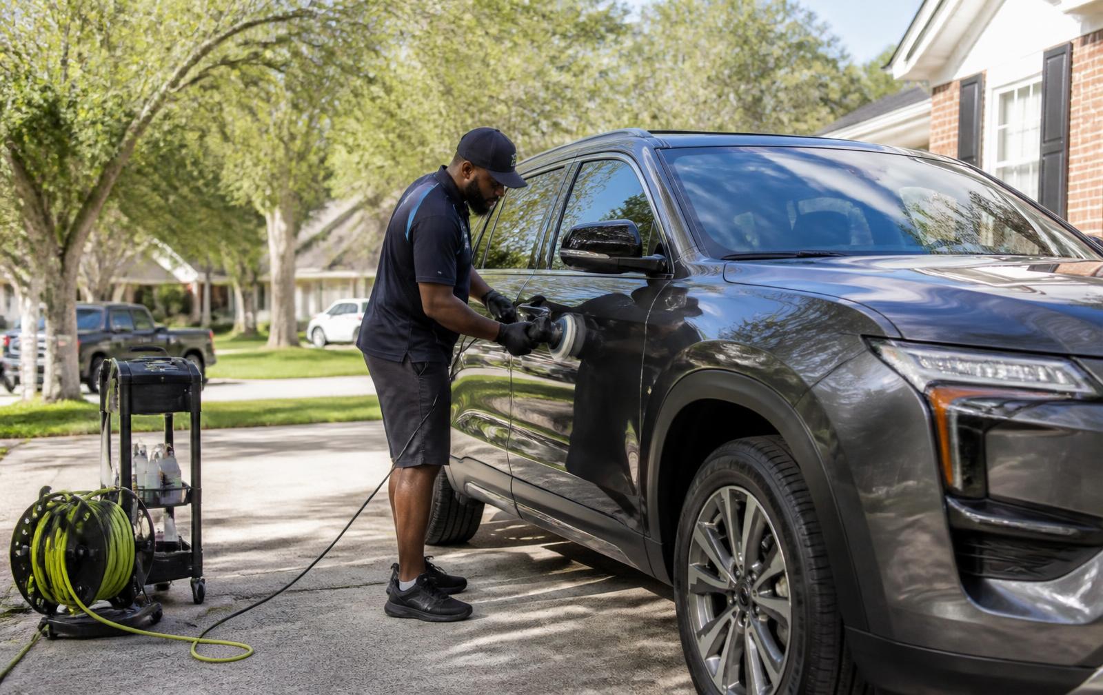 Detailer machine polishing the side of a gray SUV parked in a residential driveway