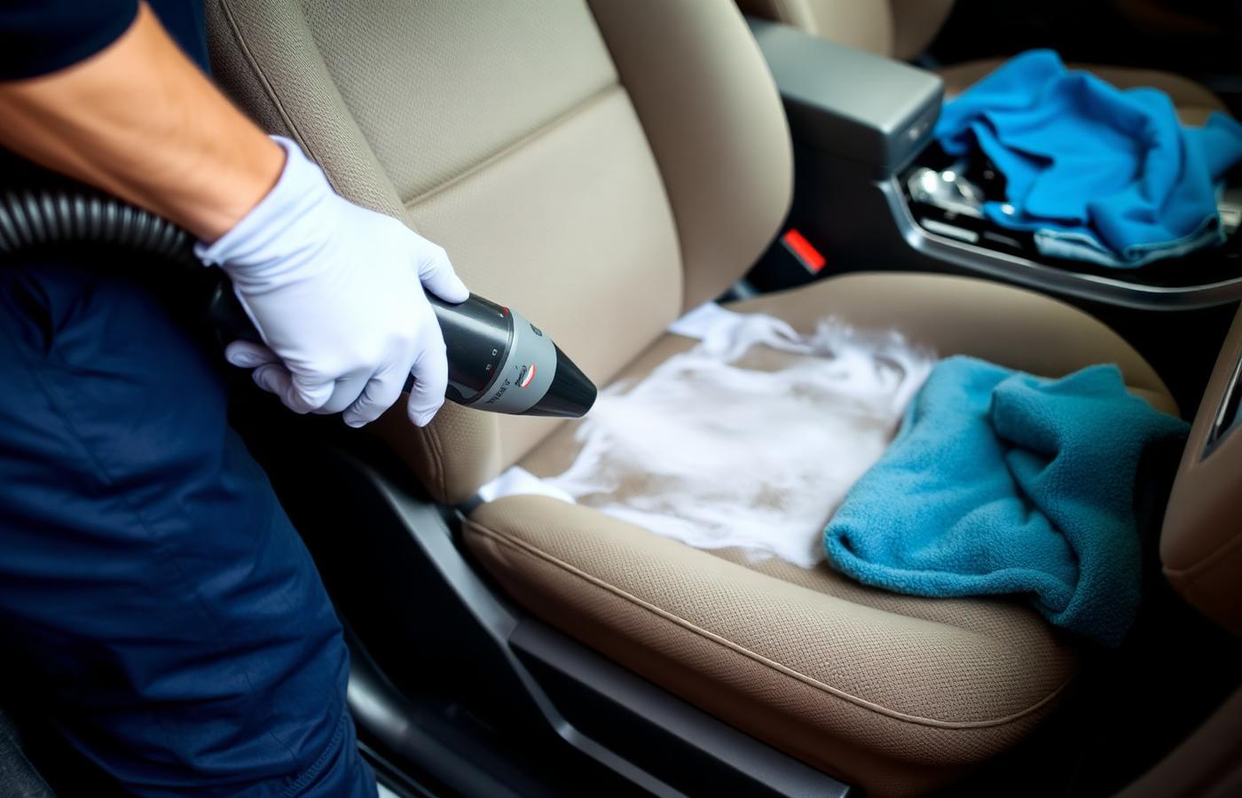 Detailer extracting a stained fabric car seat with a hot water extractor