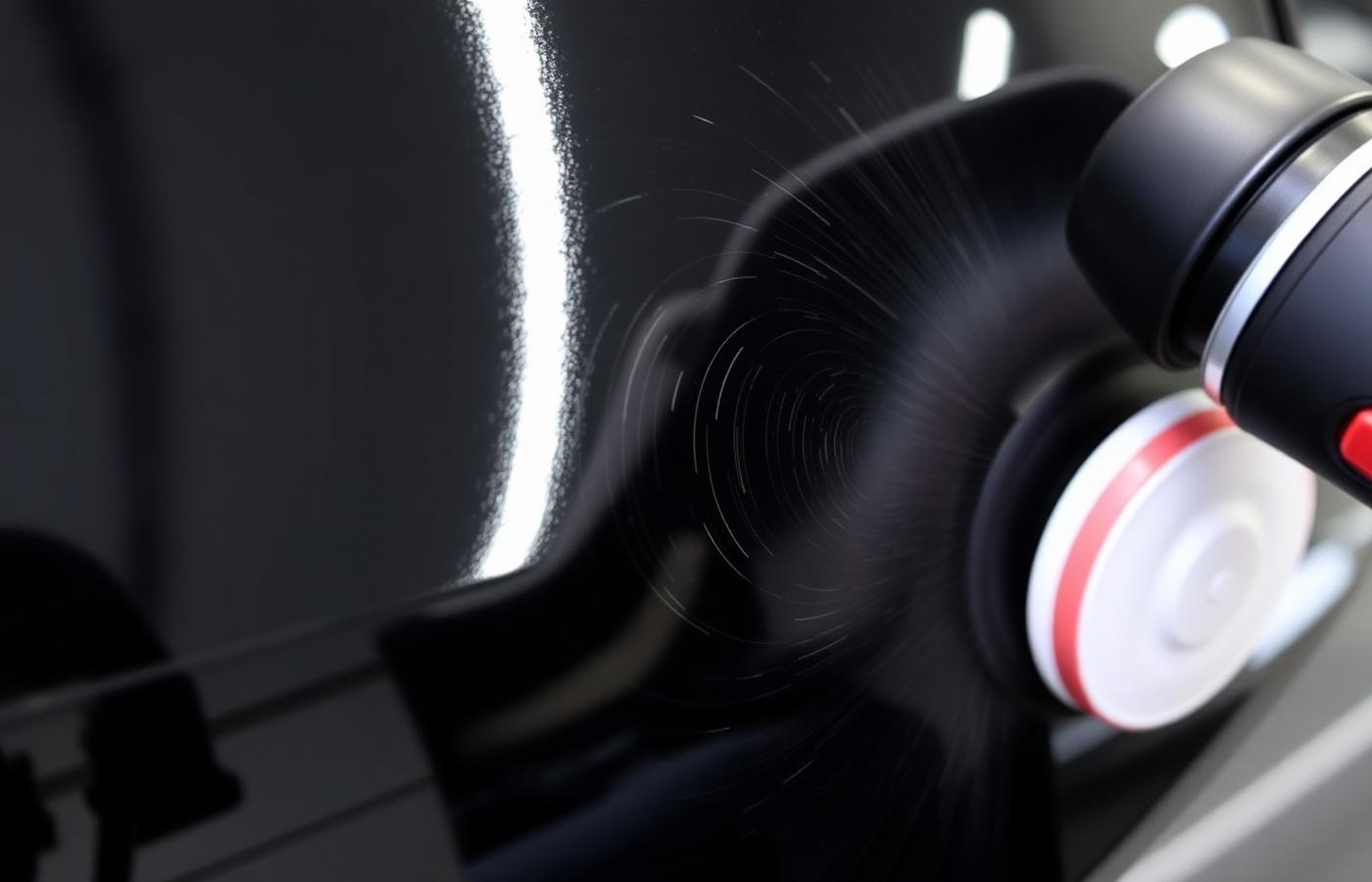Dual action polisher refining clear coat on a black fender under inspection lighting